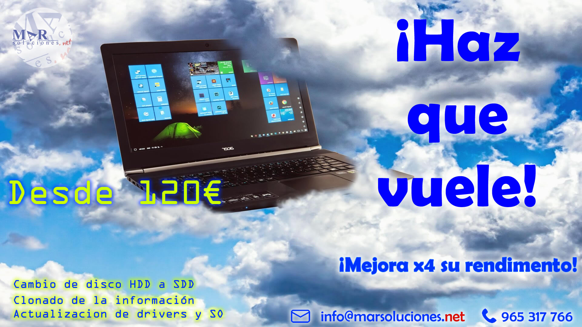 Multiplica la velocidad de tu portatil cambiando sus componentes mas obsoletos en MAR Soluciones. NET